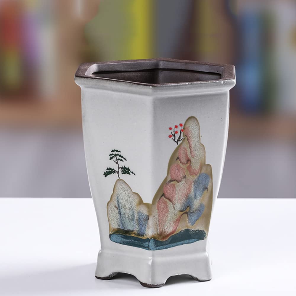 DFGHNBVC 4.7in Succulent Planter Pot White Ceramic Flower Pot Indoor and Outdoor Hand-Painted Planter Chinese classical vase Illustration decoration,B