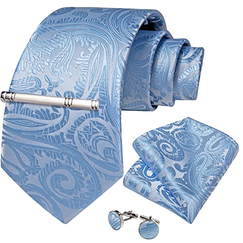 Image of DiBanGu Paisley Ties for Men Silk Necktie and Pocket Square Cufflinks Tie Clip Set Woven Classic Mens Tie for Wedding Party