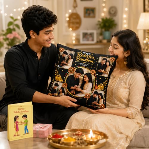 Image of Personalized Photo Pillow 12x12 Inch Cushion with Cover & Filler - Custom Gift for Birthday, Anniversary, Couple, Girlfriend, Boyfriend, Husband, Wife, Friends. (RakhiPilow-03)