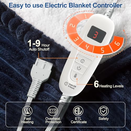 Image of Tefici Heated Electric Blanket Full Size 72 inchx84 inch 6 Levels Over-Heat Protection Fast Heating 1 /3 /6 /9 Hours Auto-Off,Heating Blanket Full Size,Soft Flannel to Sherpa ETL&FCC Certified Blue