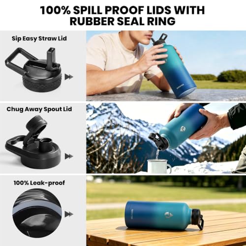 Image of RAYMYLO Insulated Water Bottle 87 oz, Triple Wall Vacuum Stainless Steel (Cold for 48 Hrs), Leak Proof & Non-BPA, Modern Water Flask Jug with Paracord Handle & Straw Spout Lids, Cyan Blue