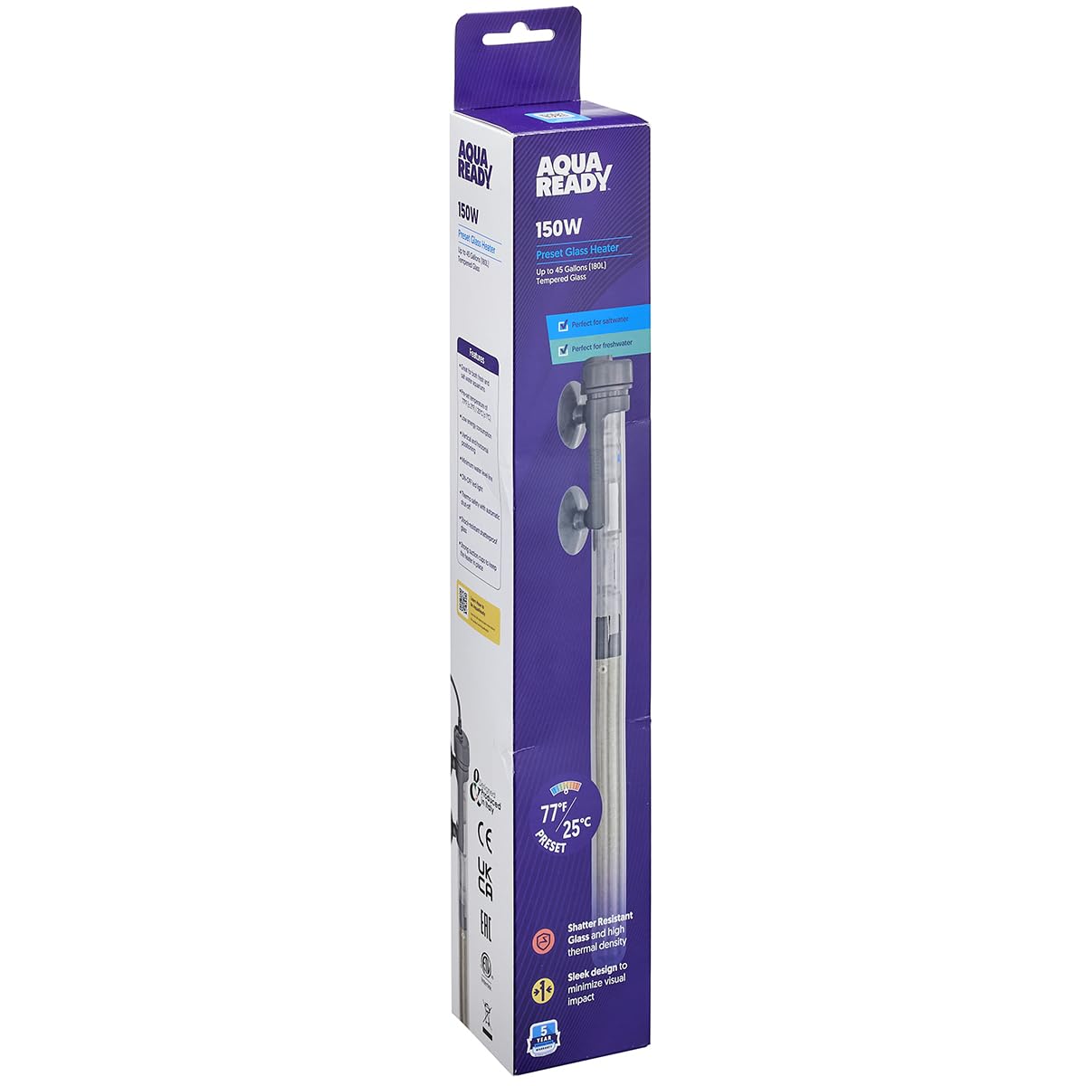 AquaReady Riscaldatore per acquario preimpostato da 150 W, riscaldatore sommergibile per acquari d'acqua dolce e salata, affidabile ed efficiente dal punto di vista energetico, design compatto per