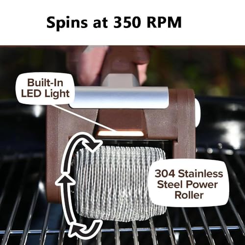 Cepillo Limpiador de Parrilla eléctrica con rotación de 360° a 350 RPM, Rodillo de Acero Inoxidable y luz LED para una Barbacoa sin Esfuerzo.