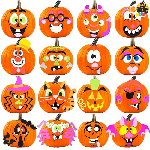 Image of JOYIN 16 Packs Halloween Pumpkin Decorating Stickers, Foam Craft Kit, Halloween Party Favors for Kids, Party Supplies Arts Activities, Funny Jack O Lantern Stickers School Games Gifts