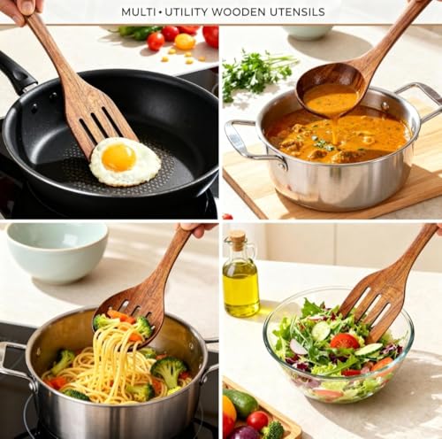 Image of Premium Wooden Kitchen Utensil Set - 5 Piece Natural Teak Wood Cooking Tools, Spatula, Ladle, Spoon Set - Non-Stick Safe, Heat Resistant, Eco-Friendly Kitchen Accessories (Pack of 5)