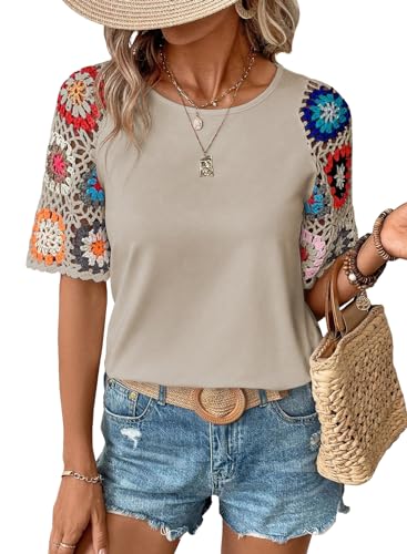 Chvity Women Floral Crochet Short Sleeve Top...