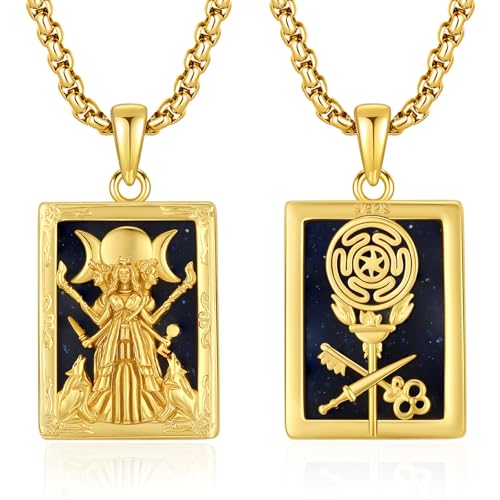 Hecate Tarot Card Necklace Triple Moon Hekate Goddess of Witches Pendant for Women Men 925 Sterling Silver 18k Gold Plated Hecate Ancient Greek Mythology Witchcraft Magic Amulet Jewelry Gift