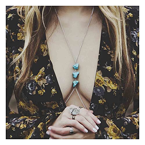 Yheakne Boho Turquoise Bra Slave Chain Silver Bikini Bra Chain Sexy Harness Bra Necklace Summer Beach Body Chain Jewelry for Women and Girls
