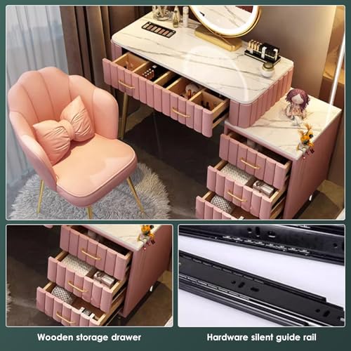 Set Toeletta Con 5 Cassetti, Specchio LED Dimmerabile E Sedia – Design Nordico In Bianco/Grigio/Rosa