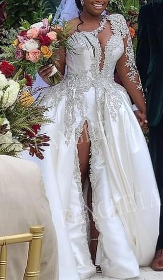 One Shoulder Satin Wedding Dresses Long Sleeve Mermaid Crystals Beaded Bridal Wedding Gowns with Slit4