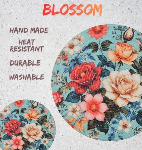 Image of LaVichitra Cotton Table Placemat | Dining Table Mat | Bed Side Table Mat | Cotton Round Shape Placemats | Washable PlaceMat for Shelves & Plant Pots - Pack of 6, Blossom