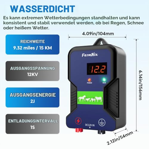 FarmNix 12V Weidezaungerät, 15km Reichweite mit LED Anzeige, 2 Joule / 12kV