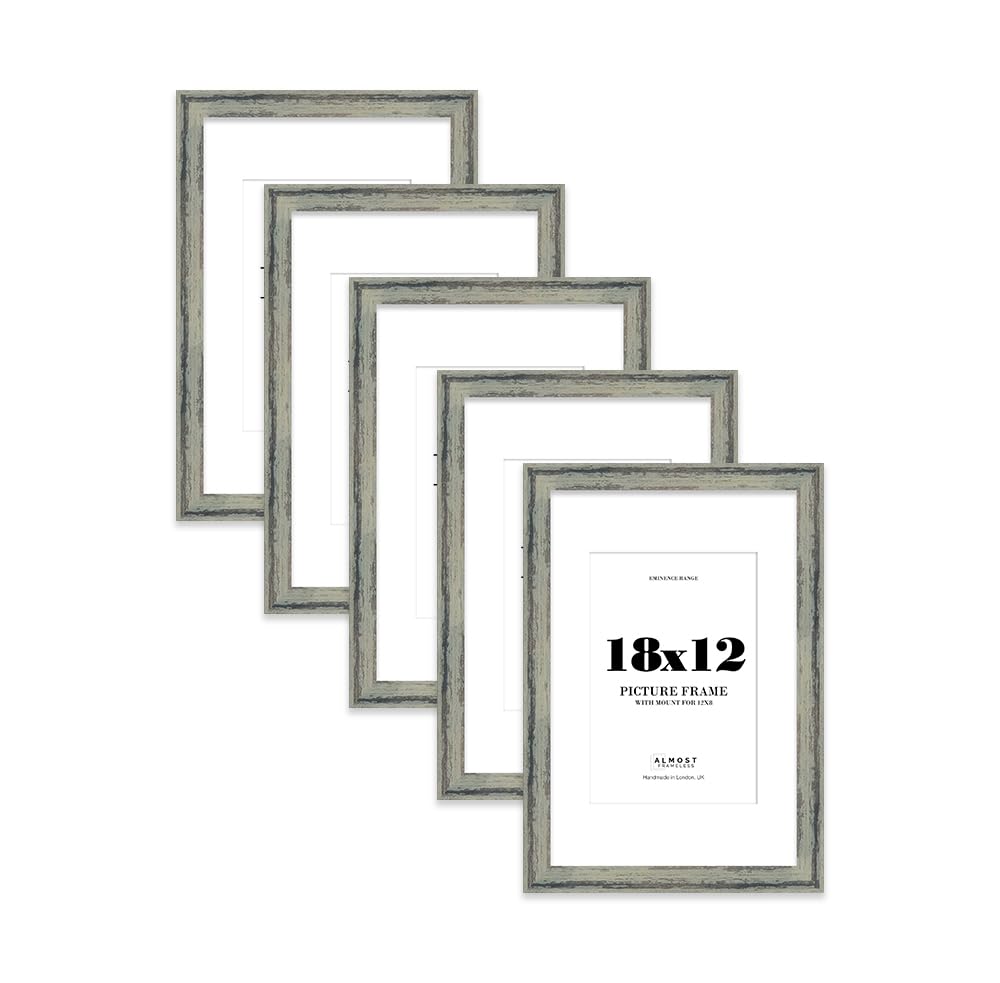 18x12" Distressed Green Picture Frame with 12x8" Mount - Weathered Photo Frame with Distressed Finish, Wall Hooks, 32mm Edge - 5 Pack