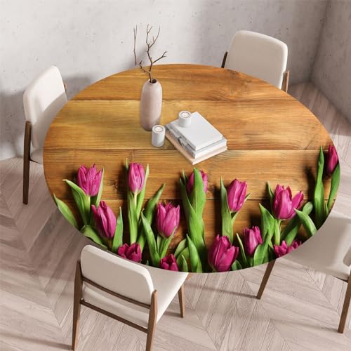 Treer Mantel Redondo Antimanchas Flores Vetas de Madera, Mantel Mesa Redonda con Ajustable Borde Elástico, Reutilizable Lavable Manteles de Mesa para Picnic Comedor Cena (Tulipán,130cm)
