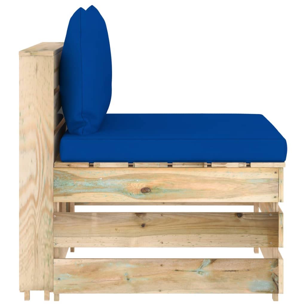 Divano centrale modulare in legno di pino impregnato verde con cuscini blu per salotto esterno, giardino, patio, terrazzo, veranda, set relax componibile con seduta e schienale