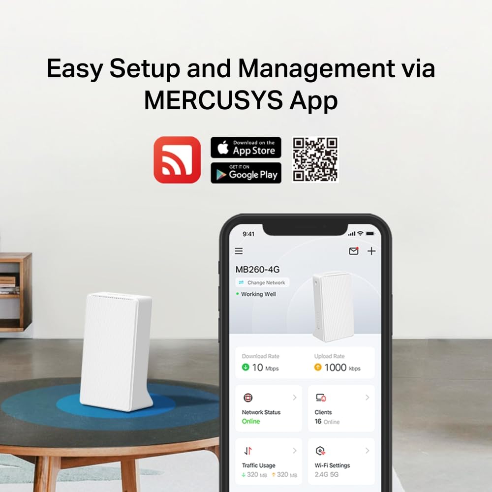 Mercusys MB260‑4G – 4G+ Cat 6 Router z Wi-Fi 6 AX1500, Dual‑Band, porty gigabitowe, Plug & Play, aplikacja SIM MERCUSYS