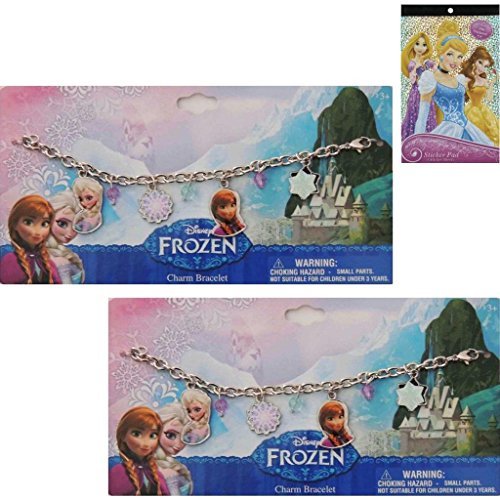 2 - Pack Disney Frozen Charm Bracelet Gift Set For Kids - 2 Frozen Charm Bracelets (Featuring Anna and Elsa) Plus 1 Disney Princess Stickerpad