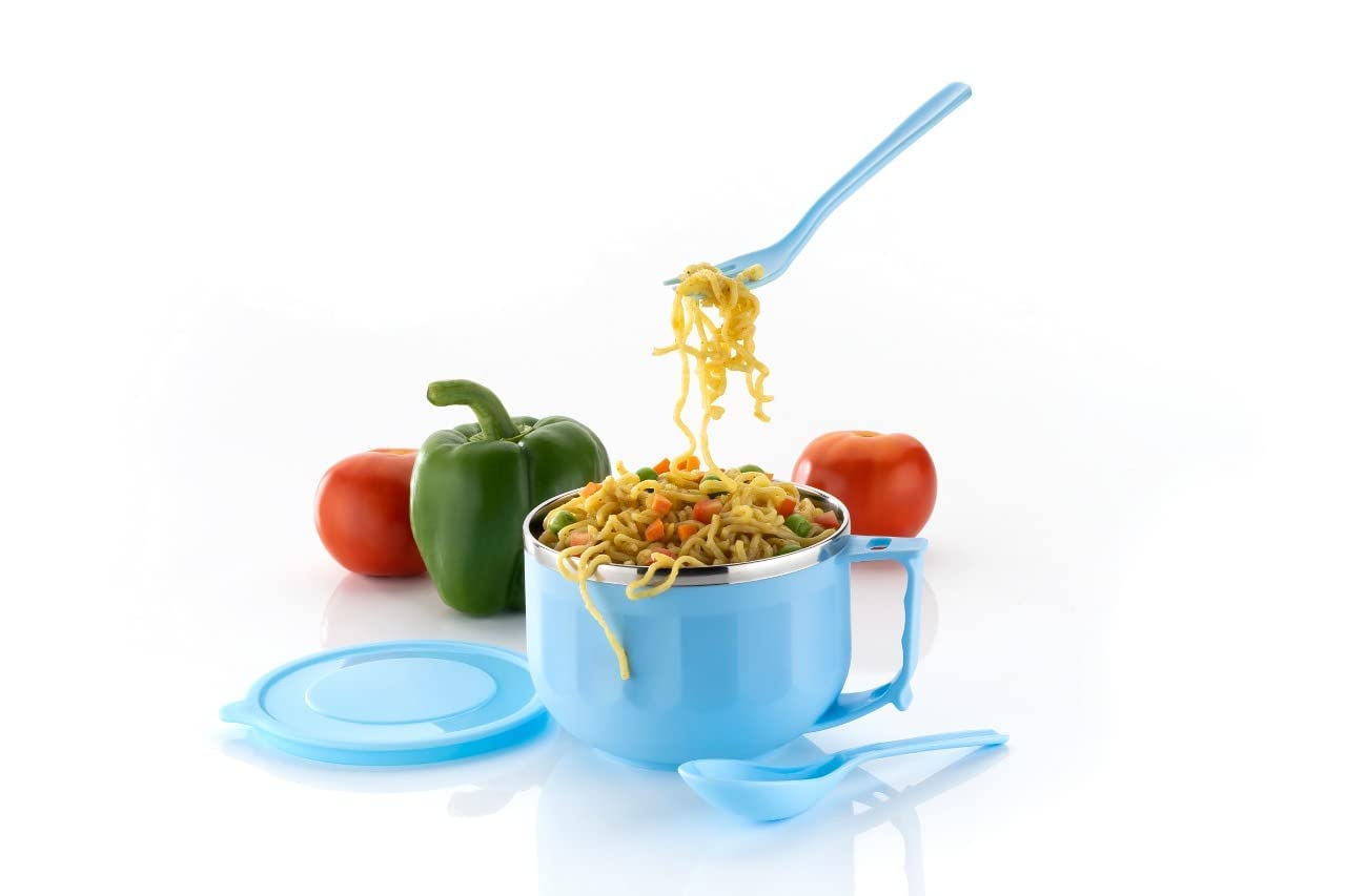 Webstar Stainless Steel Noodle & Soup Bowl with LID, Fork & Spoon | Leak Proof Bowl for Pasta,Soup,Rice,Maggie | Food Container (1 Set-Multicolor)