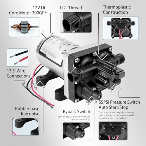 Image of WASSERMANN RV Water Pump 12V DC 4008-101-A65 /E65 Replacement, 3.0 GPM 55PSI, Quiet Pump with Pressure Switch for Camper RV Shower Garden Industrial Yacht Sprayer Food Truck Travel Trailer Water Pumps