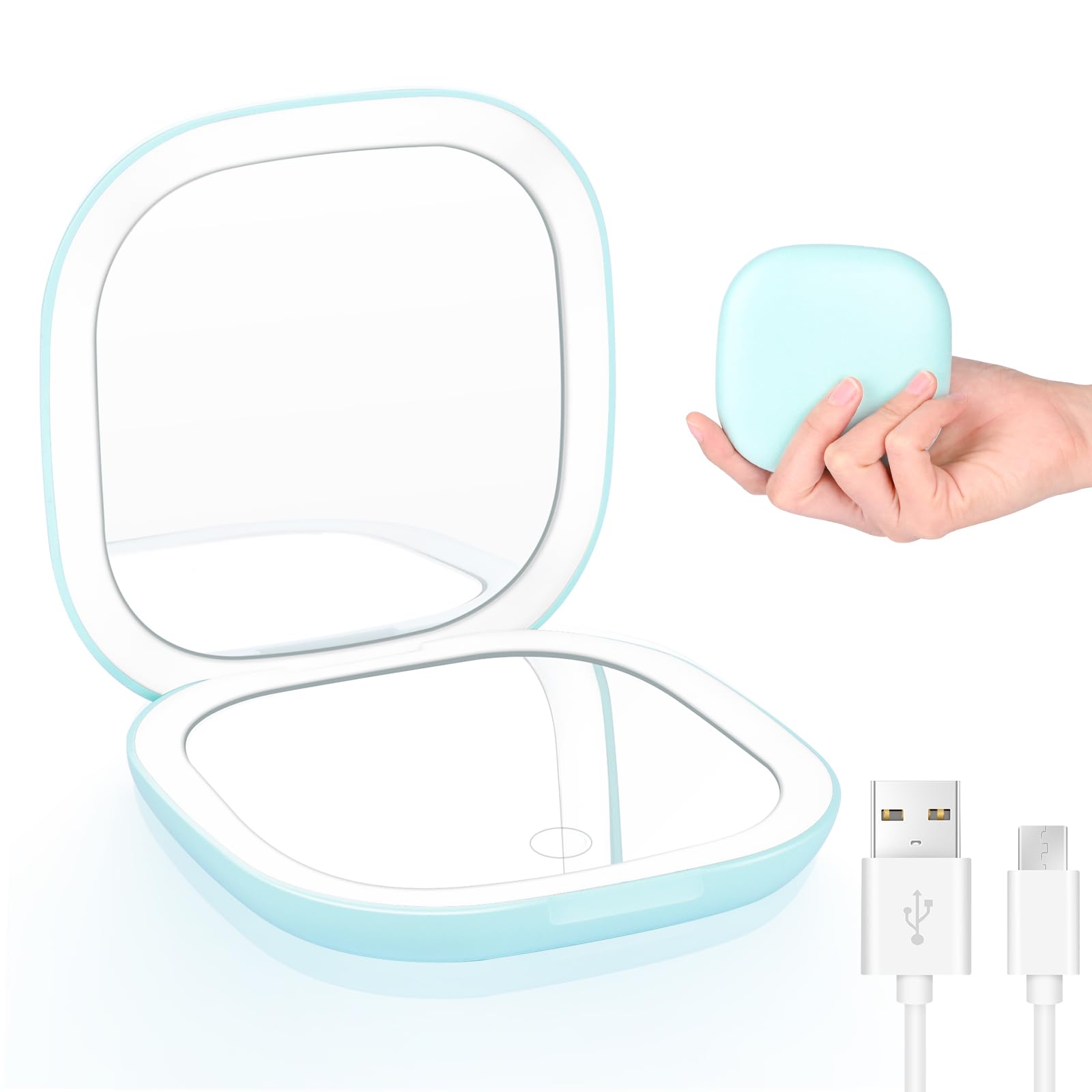 Comius Sharp Maquillaje-Espejo de Viaje con Lupa LED Compacto, Aumento 1X / 10X Bolsillo de Mano Pequeño Regulable Doble Cara USB Recargable Pantalla Táctil, Luz de 3 Modos (Verde)