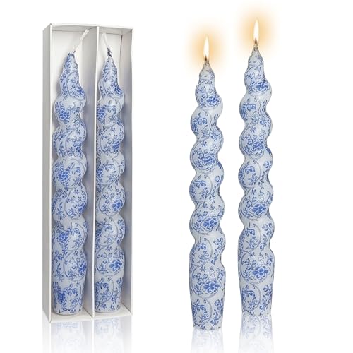 Bougies coniques en spirale faites à la main avec motif floral bleu