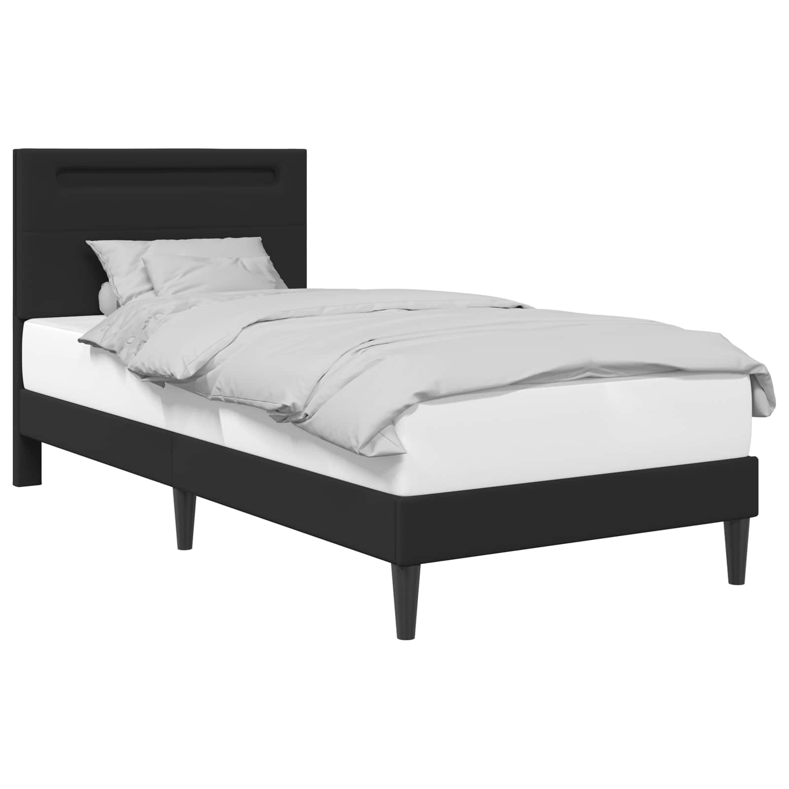 Marco de cama con tiras de luz LED, color negro, 90 x 190 cm, piel sintética, marco de cama moderno con fuente de alimentación USB para dormitorio, somier de láminas estable, patas de ahorro