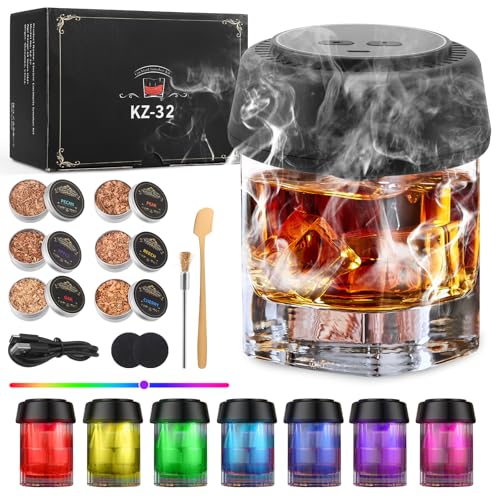 Ahumador Whisky, 7 LED Ahumador Cocteles con 6 Sabores de Virutas de Madera USB-C Old Juego de Ahumador Eléctrico Regalo para Hombres Padre Marido Amante Cócteles Bebidas Bourbon Vino Café Alimento