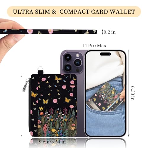 Image of Hancynir Butterfly Flower Slim Wallet Women Credit Card Holder, Small RFID | Zipper Pocket Wallet, Thin Travel Coin Purse, PU Leather, Minimalist Card Case, 6 Card Slots, ID Window, Ladies Women Gifts