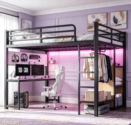 Image of Bellemave Queen Size Loft Bed with Desk,with USB Ports, Lights, and Hanging Rod, Cave Board Design, Metal Queen Loft Bed Frame for Adults, Kids, Teens, Black
