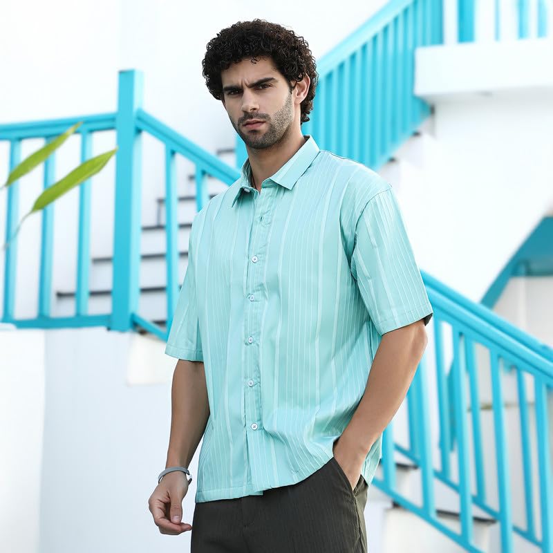 Image of CAHOOT Men's Oversized Shirt for Casual Wear | Cuban Collar | Short Regular Sleeves | Button Closure | Oversized Shirt Crafted with Comfort Fit for Everyday Wear