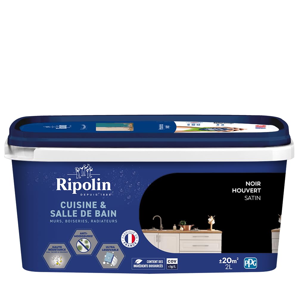 RIPOLIN - Peinture Intérieure Cuisine et Bain – Murs, Boiseries et Radiateurs - Adapté Pièces Humides - Effet Perlant - Lessivable - Haute Résistance - Beige Pierre De Lune - Satin - 2L