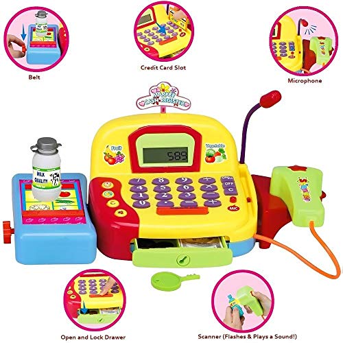 FUNERICA Play Cash Register Toy for Kids - with Working Microphone, Scanner, Calculator, Pretend Play Food Toys, Cuttable Fruits, Cashier Toy, Play Money, & Grocery Toys