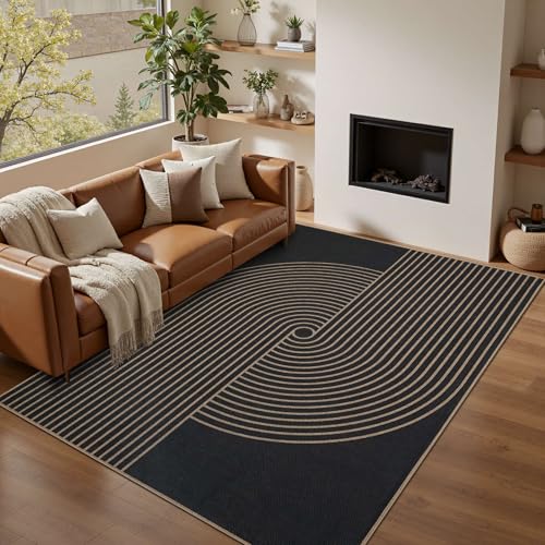 Tapete moderno de yute 5x7 negro antideslizante lavable miniatura 3