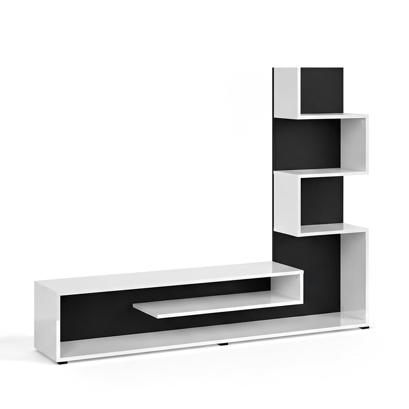 duehome | Mueble de Salón, Composición Modular de TV, Modelo Moobi 160, Acabado en Blanco y Negro, Medidas: 160 cm (Largo) x 29 cm (Fondo) x 124 cm (Alto)