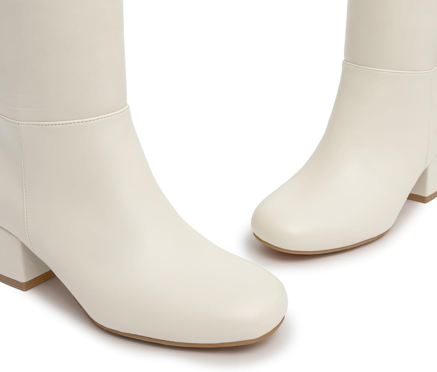 Athlefit Knee High Boots for Women Chunky Block Heel Beige Tall Boots Round Toe Fashion Pull On Booties Size 7 - Image 5