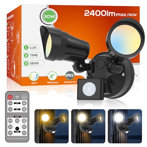 ALUSSO LIGHTING LED Security Light Remote Control 30W 2400lm, 3000K-6500K Dimmable, Outdoor Motion Sensor Double Light Dask to Dawn, IP65 Waterproof for Garden, Patio, Backyard