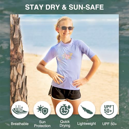 Image of Kanu Surf Girls' Jade Rash Guard UPF 50+ Sun Protection Short Sleeve Swim Shirt