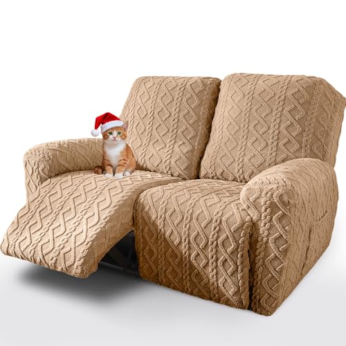 vctops 6 Pieces Geometric Jacquard Plush Recliner Loveseat Slipcovers Soft Fuzzy Fluffy Sofa Couch Cover Anti-Slip Furniture Protector with Elastic Bottom for Kids Cats Dogs(Brown,2 Seat)