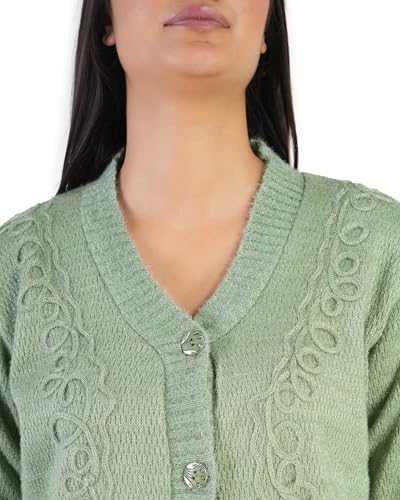 Image of MANRA Women's Woolen V-Neck Buttoned Full Sleeve Cardigan Self Design Soft Wool Fabric Winter Wear Pure Wool Sweater Fully Warm with Front Pockets Stylish Cardigan