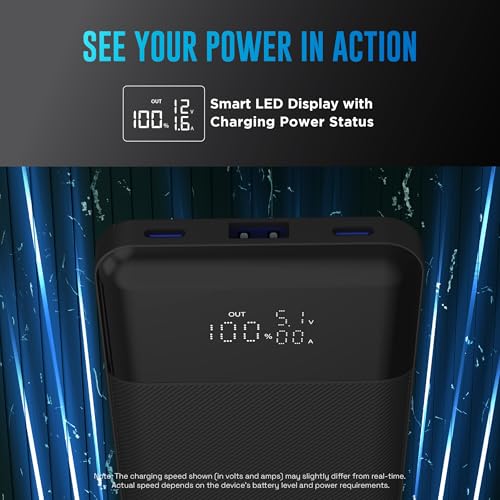 Image of URBN 10,000 mAh Edge Power Bank with Smart LED Display, Ultra Slim & Compact, 22.5W Fast Charging, Power Delivery, Quick Charge, Triple Output(1-USBA, 2 USB-C) iPhone, Samsung, Android & More - Black