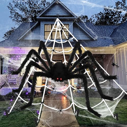 Decoraciones de araña Gigante, Juego de telaraña de Halloween, telaraña elástica, Araña Gigante de 1,5m + telaraña Triangular de 5 m, para Interiores y Exteriores, Decoraciones de Halloween