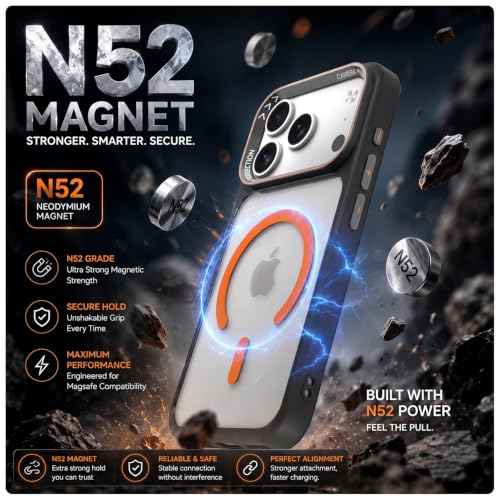 Image of Pikkme Back Cover for iPhone 17 Pro Max | Shockproof | Mag-Safe Compatible | Hard Transparent Back | Premium Raised Camera Protection | Bumper Case (Black & Orange Mag-Safe)