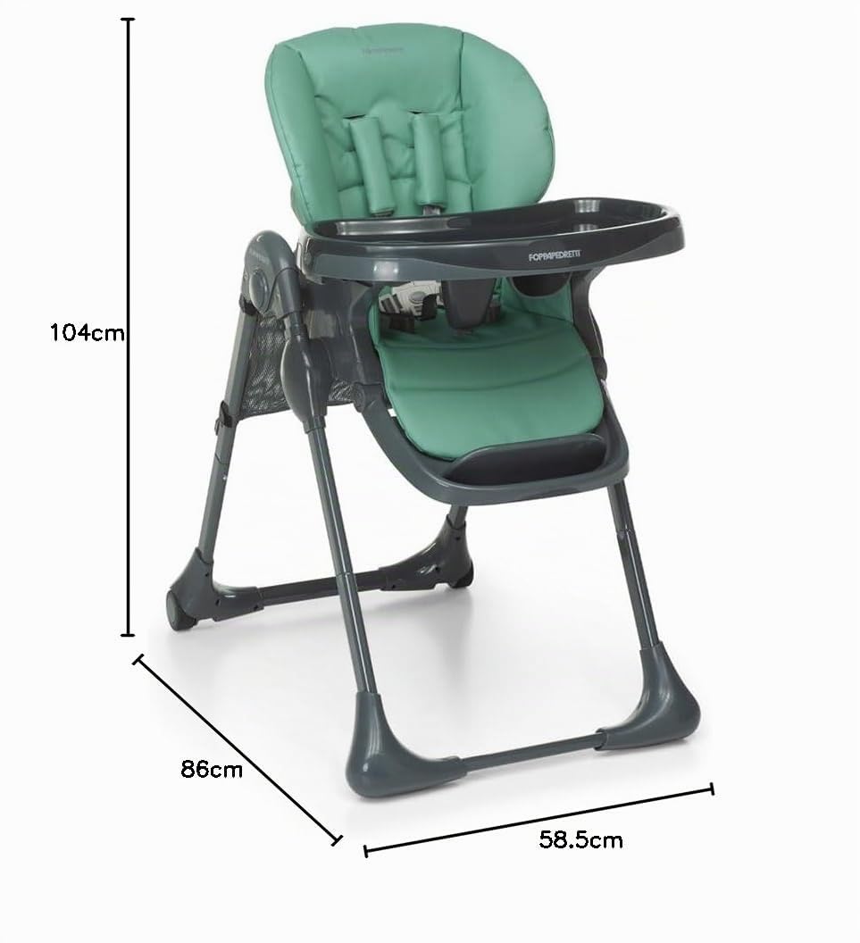 Foppapedretti Seggiolone Gourmand, bambini da 6 mesi a 3 anni (fino a 15 Kg), Leggero e Compatto, Morbida Imbottitura Amovibile e Lavabile, Reclinabile Multiposizione, Cesto Porta Oggetti, Verde