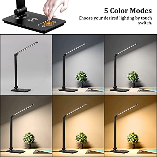 Led Desk Lamp With Wireless Charger, Touch Control Desk Lamp With 5 Color Modes & Fully Dimming Function, Eye Caring Table Lamps For Study, Office Lamp With Adjustable Arm, Auto Timer 30/60Min #TOP1