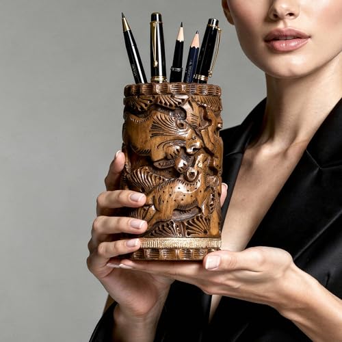 Image of Craft Trade 12x7 Cm Round Hand Carved Wooden Pencil Holder Animal Print - Dark Brown