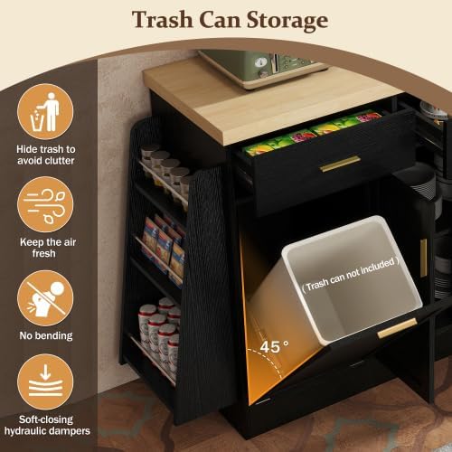 Bellemave Sideboard Buffet Cabinet with Drawers & Adjustable Shelves, Modern Kitchen Pantry with Tilt Out Trash Can, Coffee Bar Station with 3-Tier Pull-Out Rack for Dining Room, Kitchen (Black/58)