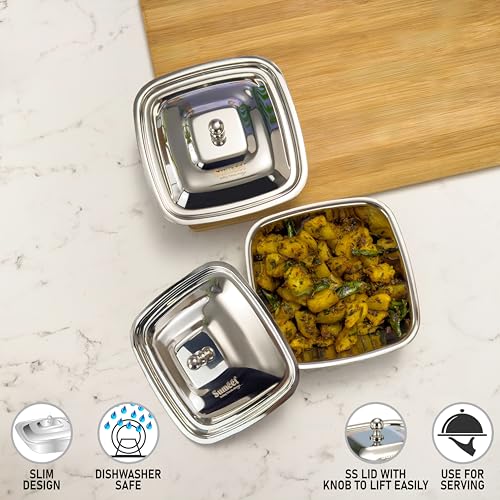 Image of Sumeet Stainless Steel Square Serving Bowl /Curry Bowl /Gravy Pot with lid, 600ml capacity, 14.5cm Dia, Set of 2 Pcs, Silver