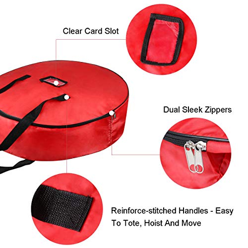 TQS 36" Christmas Wreath Storage Bag - Xmas Large Wreath Container - Reinforced Wide Handle and Double Sleek Zipper - Heavy Duty Protect Your Party Decorations Garland - Red