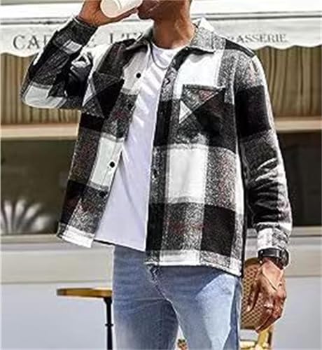 Wankang Men's Flannel Shirts Casual Button Down Plaid Shirt Jacket Lightweight Long Sleeve Fleece Shacket for Men Pockets3