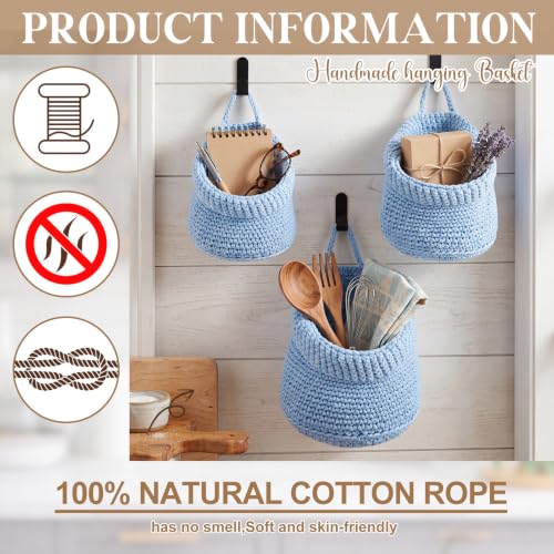 Image of Honeydak 3 Hanging Baskets, Light Blue, Barrel, Cotton Rope